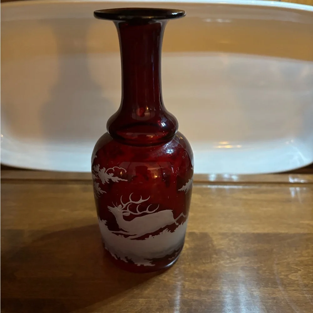 Vintage/Antique dark cranberry forest pattern/hunting motif/trees/deer scene.